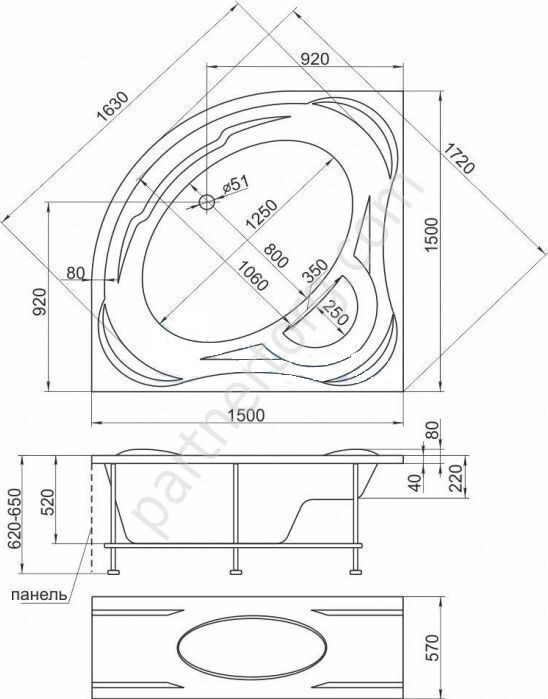 Палермо ванна акриловая угловая 150х150 см 1 Марка