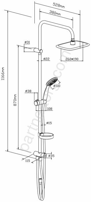 Душ система: верх. душ 260*190, ручн. душ d 100 мм, 1 режим, переключатель 974200063 Palace Evo