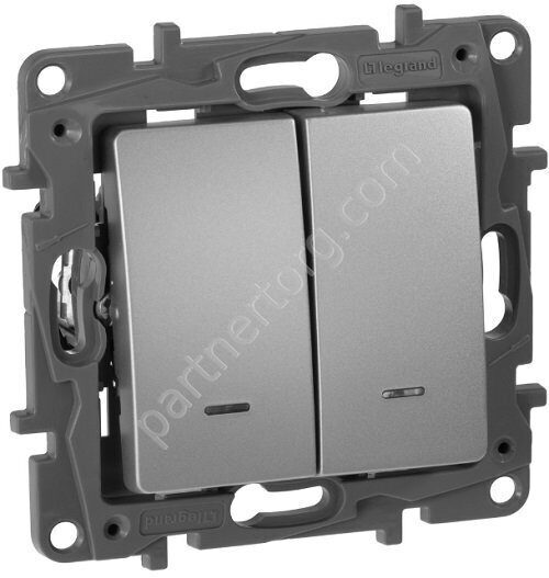 Legrand Etika переключатель 2-х клавишный 10АX 250В, с подсветкой, цвет алюминий