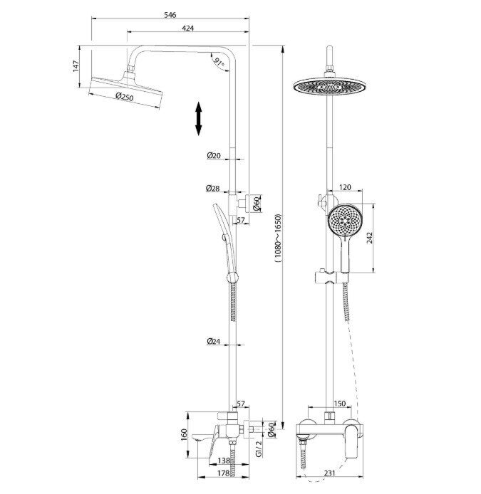 Grossman Galaxy 500.K35.01.420 Душевая стойка со смесителем, графит сатиновый