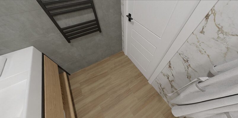 Совмещенный санузел:Белый мрамор, дерево 2,5х1,7х2,6м