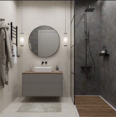 Маленький санузел с душевой: серый Лофт 1,5х2,2х2,6м