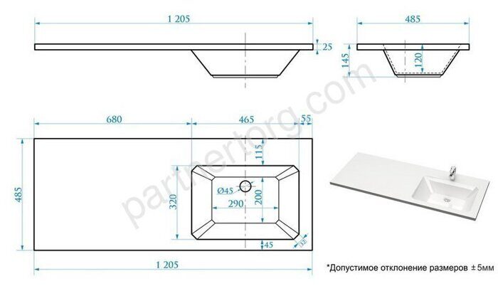 Лакшери Marrbaxx V121D1 120х48см раковина со столешницей, для монтажа над стиральной машиной, правая
