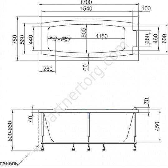 Аэлита ванна акриловая 170х75 см 1 Марка