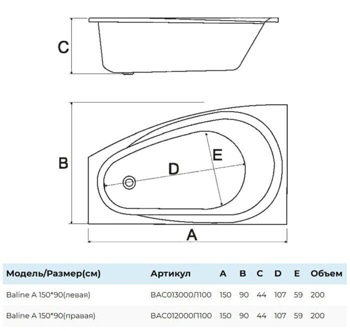 Baline ванна акриловая угловая асимметричная 150х90 Alba Spa