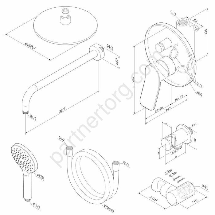 FB85A1RH22 X-Joy, набор: см-ль д/в/душа, верхний душ 220 мм, держатель д/верхн.душа, душ.набор (ручн