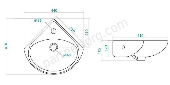 Ирис 36 см угловой умывальник белый Santek