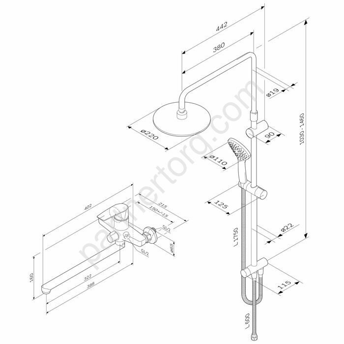F40890A94 Набор Gem: душевая система, смеситель для ванны/душа излив 320 мм, хром, шт.