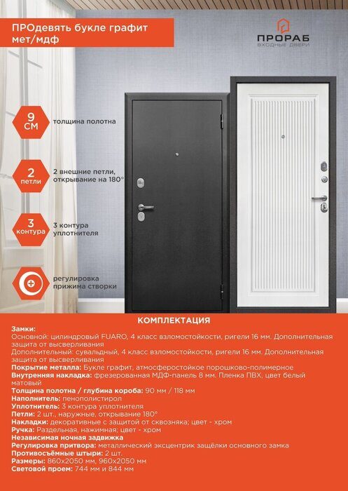 Продевять 9 см дверь входная Букле графит, МДФ Белый матовый