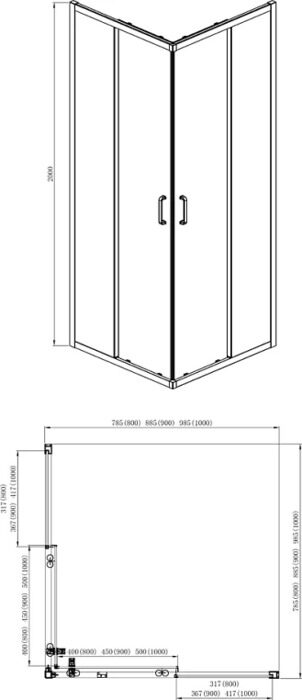 Душевой уголок, дверь раздвижная, Aquatek, AQ ARI KV 10020BL, 100x100х200 см, профиль черный, стекло прозрачное 6 мм