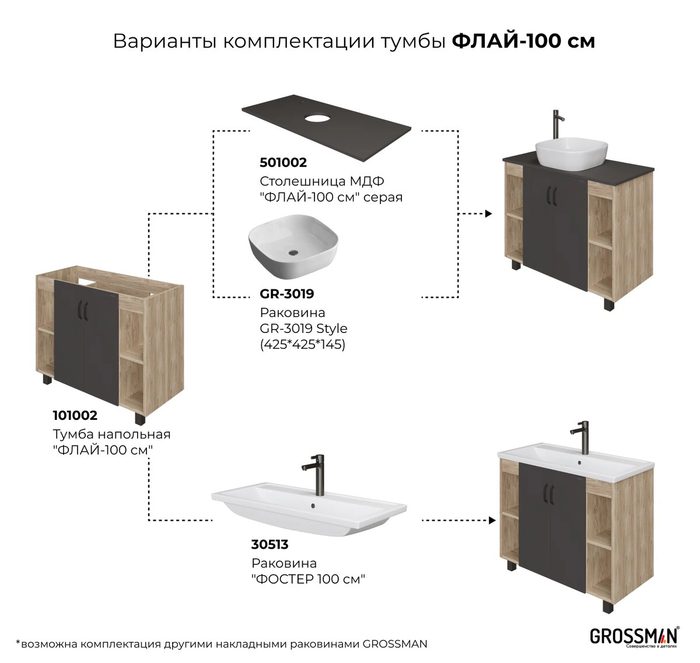 Флай 100 см Дуб сонома + серый тумба в ванную комнату  Grossman