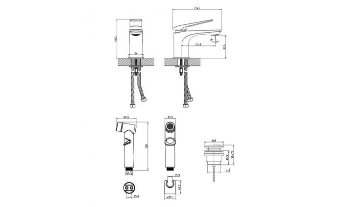 Allegro LM5916CW смеситель для раковины с гигиеническим душем, донным клапаном, хром Lemark