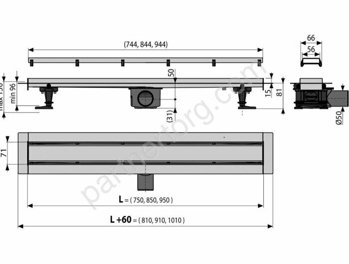 Double Водоотводящий желоб из нержавеющей стали, двусторонняя решетка 850мм Alcaplast