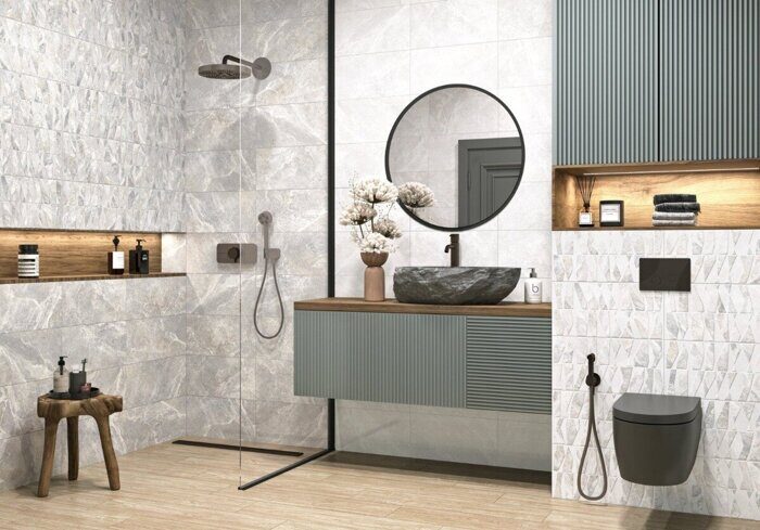 Persey настенная плитка серая матовая sugar-эффект декофон 25х50см Alma Ceramica TWU2550PRS27