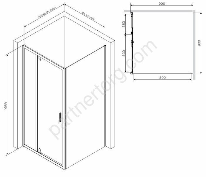 Душевое ограждение Gem Sqare Pivot 90x90 стекло прозрачное, профиль матовый хром W90G-404-090MT