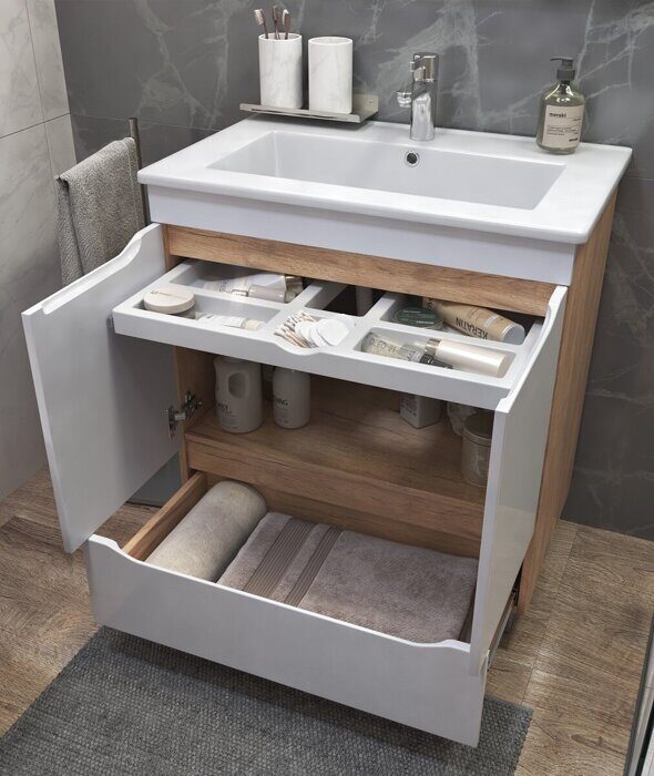 Grani 600-2-1 тумба дуб золотой для ванной комнаты с умывальником Элина 60