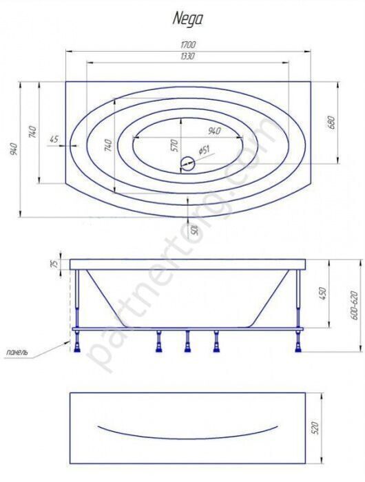 Нега ванна акриловая 170х95 см MarkaOne