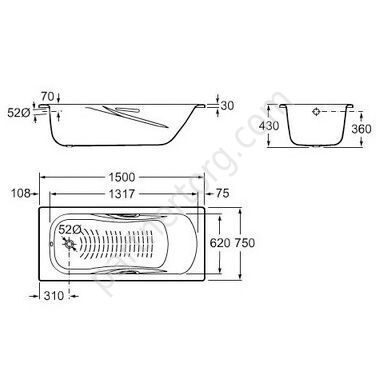 Princess 150х75 см ванна стальная Roca с отверстиями для ручек