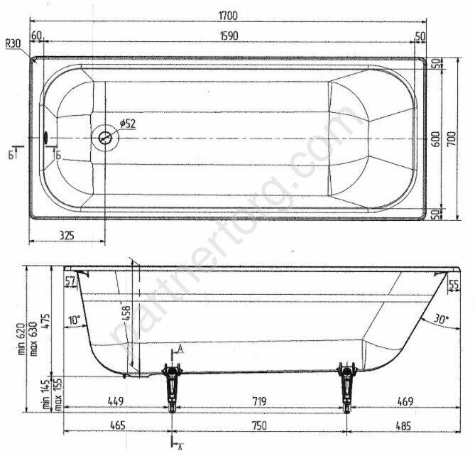 Wotte Start ванна чугунная 170x70см с отверстиями для ручек