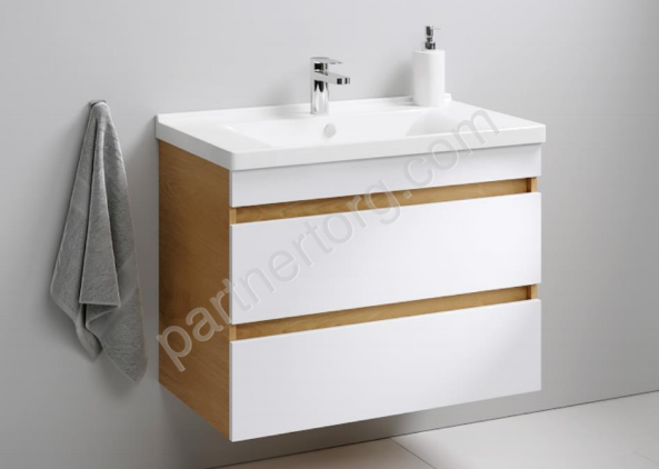 Base 60 см белый/золотой дуб  тумба в ванную комнату с раковиной Миранда Aquanika