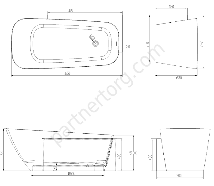 NSB-16805-LM ванна искусственный камень, размер 165x80 см