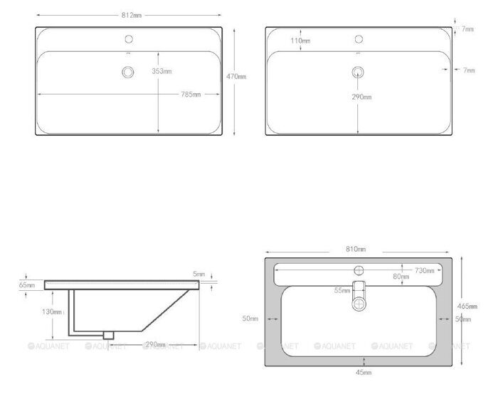 Flash 812*470*195 раковина накладная керамическая с отверстием под смеситель Aquanet
