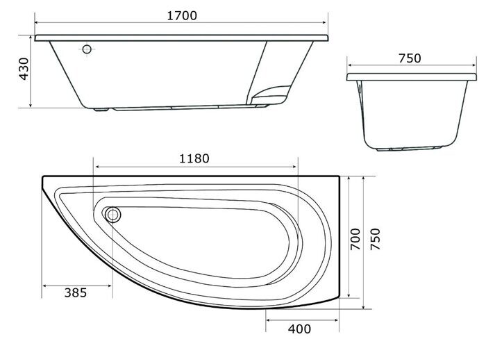 Piccolo ванна акриловая асимметричная 170х75 см 1 Марка правая