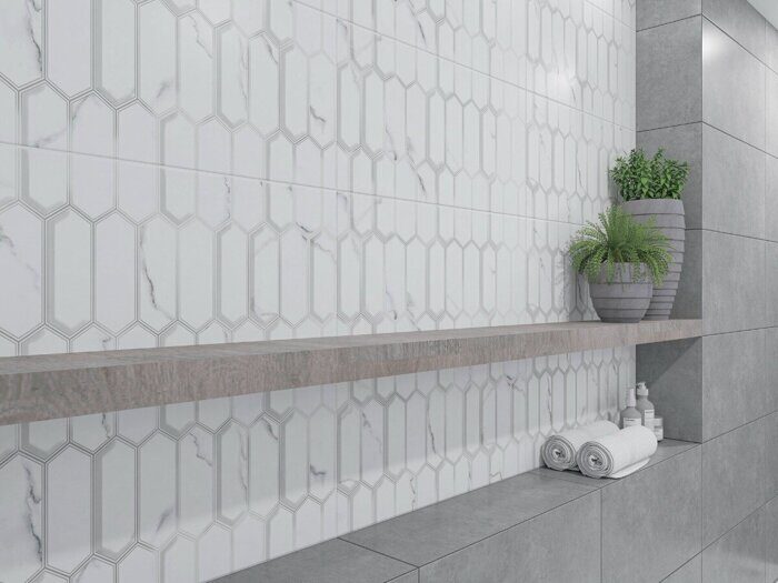 Calacatta Opaco Diamond настенная плитка белая матовая sugar-эффект декофон 31х63см Azori