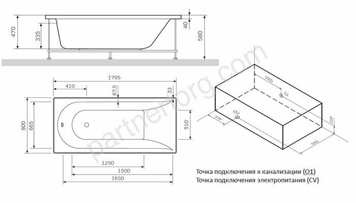 W5AW-180-080W2D64 Inspire, ванна гидромассажная Evo Plus 180*80 на каркасе, без фронтальной панели