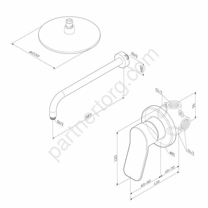FB85A2R000 X-Joy, набор: см-ль д/душа, верхний душ 220 мм, держатель д/верхн.душа, хром, шт.