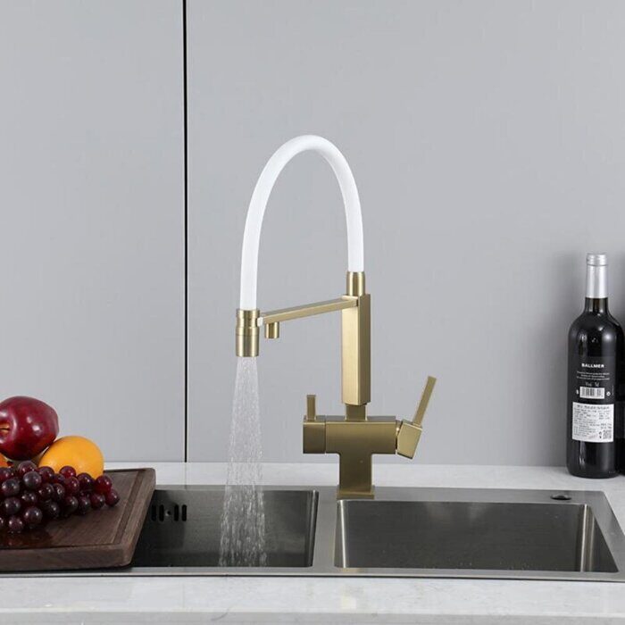 Gappo G4395-53 смеситель для кухни с подключением фильтра для питьевой воды сатин золотой/белый