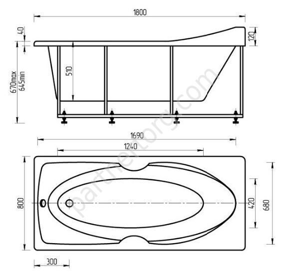 Европа ванна акриловая Aquatek 180х80см с каркасом и сливом-переливом