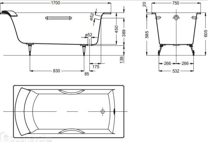 Biove E2938-00 ванна чугунная 170х75 см Jacob Delafon с отверстиями для ручек