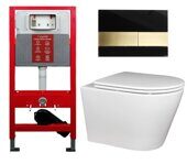 Комплект подвесной унитаза CS201UQ-OKS, инсталляция Omega CS516A с клавишей смыва черно-золотой CSO37BLG+BG