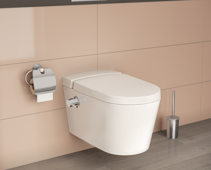 Безободковый подвесной унитаз VitrA Nest  (c функцией биде, встроенным смесителем, с бачком  VitrA Fresh для моющего средства),  дюропластовое сиденье микролифт