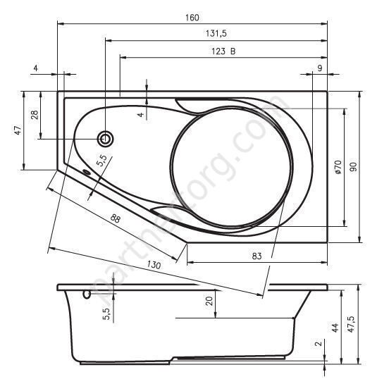 Юкон асимметричная акриловая ванна Riho 160х90 см