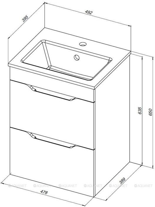 Практика 50 тумба белая матовая для ванной комнаты 2 ящика с раковиной-столешницей 50 cm (PRACTICO) Aquanet
