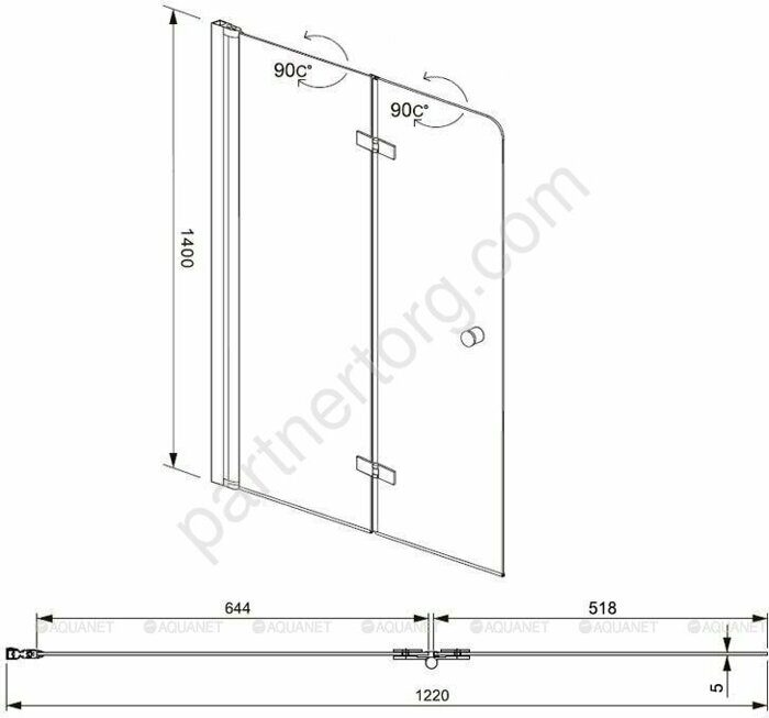 Aquanet Beta 4 NF6222-hinge, 00196053, шторка для ванны распашная 120х140 см, прозрачное стекло, профиль хром
