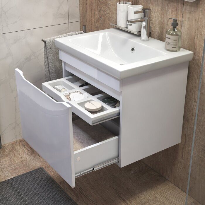 Grani 600-0-1 тумба навесная белая для ванной комнаты с умывальником Como 60