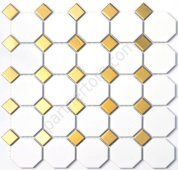 Porcelain series P-516 белая с золотым керамогранитная мозаика 2,3х2,3см и 5,6х5,6см