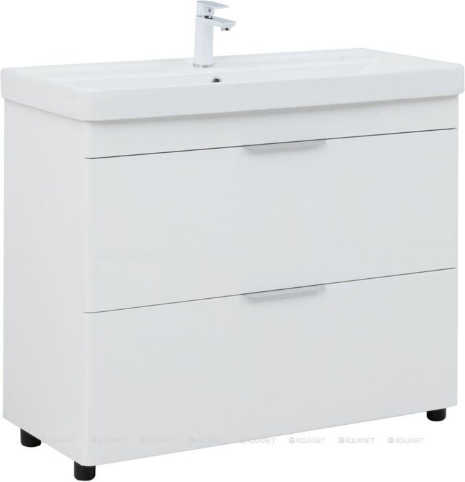 Ирис new 100 тумба напольная белый глянец 2 ящика для ванной комнаты Aquanet