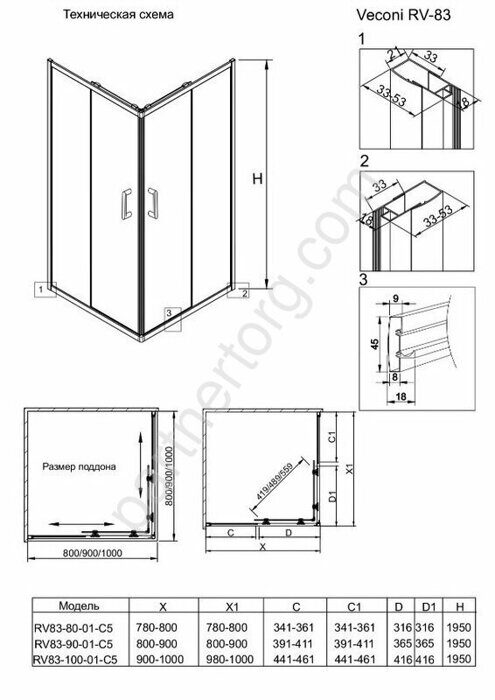 Veconi RV-83 душевой угол 100х100x195 см