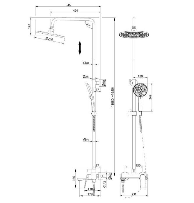 Galaxy 500.K35.01.210 Grossman  душевая стойка с тропическим душем и  со смесителем, черная