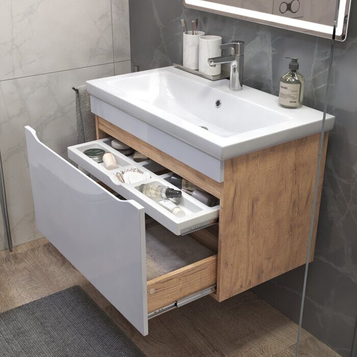 Grani 800-0-1 тумба навесная дуб золотой для ванной комнаты с умывальником Como 80