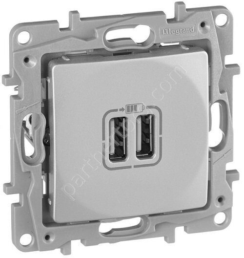 Legrand Etika зарядное устройство 2xUSB, 240В/5В 2400мА, цвет алюминий