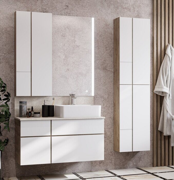 Мишель 43 см шкаф-пенал подвесной белый/дуб эндгрейн для ванной комнаты Aquaton