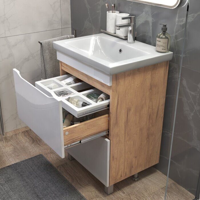 Grani 600-0-2 тумба дуб золотой для ванной комнаты с умывальником Como 60