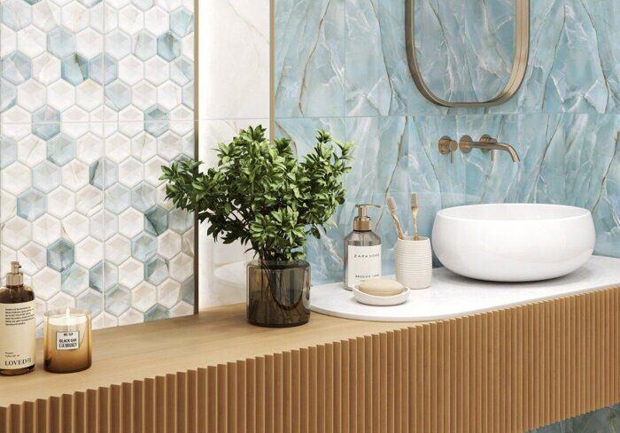 Maritime настенная плитка бирюзовая глянцевая декофон 25х50см Alma Ceramica TWU2550MRM16